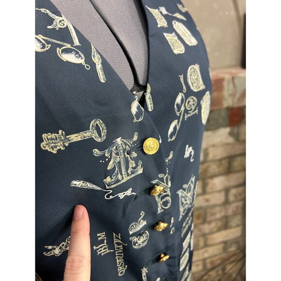 Liz Claiborne vest preppy blue white vintage 1980s novelty print steampunk - Picture 9 of 11